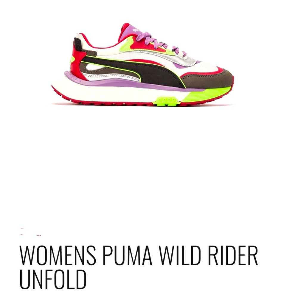 Brand new never worn puma wild rider unfold size 10 in wmns purple, lime, silver